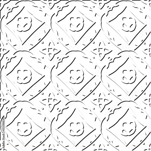  3d relief tiles.
Vector pattern with symmetrical elements . Modern stylish abstract texture. Repeating tiles from striped elements. Black and white pattern.