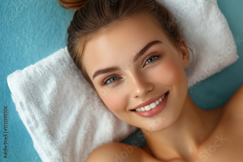 Smiling woman relaxing on a spa bed with white towel and blue background