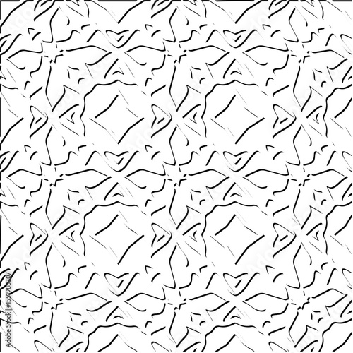  3d relief tiles.
Vector pattern with symmetrical elements . Modern stylish abstract texture. Repeating tiles from striped elements. Black and white pattern.