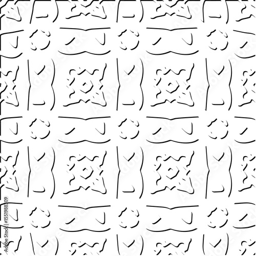  3d relief tiles.
Vector pattern with symmetrical elements . Modern stylish abstract texture. Repeating tiles from striped elements. Black and white pattern.