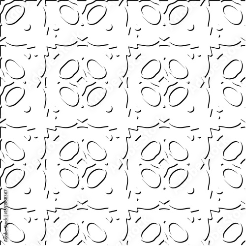 3d relief tiles.
Vector pattern with symmetrical elements . Modern stylish abstract texture. Repeating tiles from striped elements. Black and white pattern.