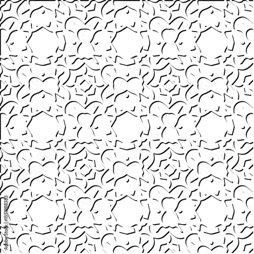  3d relief tiles.
Vector pattern with symmetrical elements . Modern stylish abstract texture. Repeating tiles from striped elements. Black and white pattern.