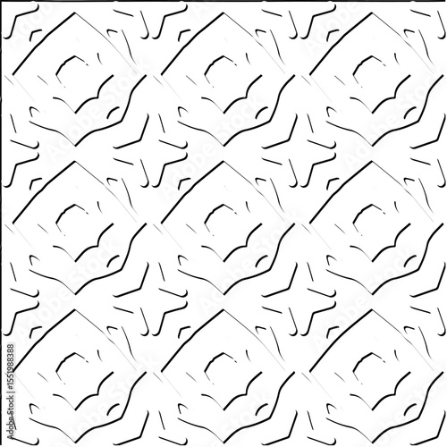  3d relief tiles.
Vector pattern with symmetrical elements . Modern stylish abstract texture. Repeating tiles from striped elements. Black and white pattern.