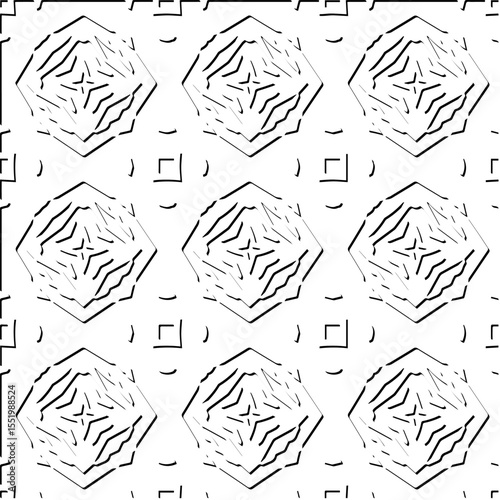  3d relief tiles.
Vector pattern with symmetrical elements . Modern stylish abstract texture. Repeating tiles from striped elements. Black and white pattern.