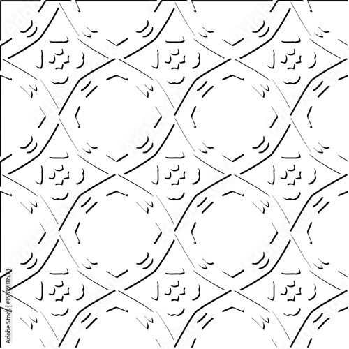  3d relief tiles.
Vector pattern with symmetrical elements . Modern stylish abstract texture. Repeating tiles from striped elements. Black and white pattern.