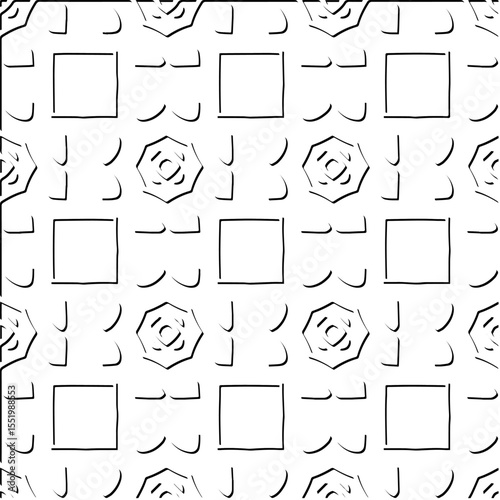  3d relief tiles.
Vector pattern with symmetrical elements . Modern stylish abstract texture. Repeating tiles from striped elements. Black and white pattern.
