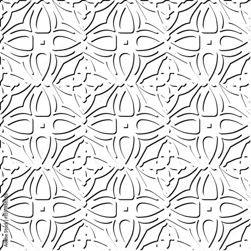  3d relief tiles.
Vector pattern with symmetrical elements . Modern stylish abstract texture. Repeating tiles from striped elements. Black and white pattern.