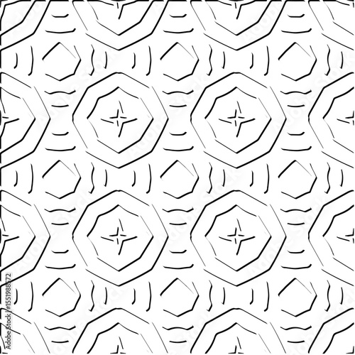  3d relief tiles.
Vector pattern with symmetrical elements . Modern stylish abstract texture. Repeating tiles from striped elements. Black and white pattern.