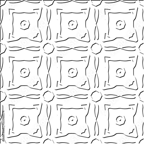  3d relief tiles.
Vector pattern with symmetrical elements . Modern stylish abstract texture. Repeating tiles from striped elements. Black and white pattern.