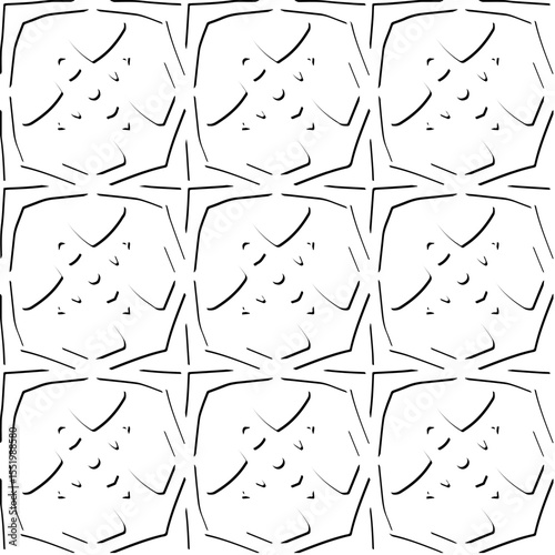  3d relief tiles.
Vector pattern with symmetrical elements . Modern stylish abstract texture. Repeating tiles from striped elements. Black and white pattern.