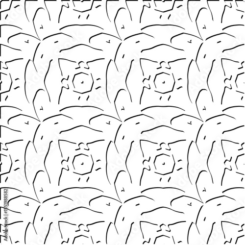  3d relief tiles.
Vector pattern with symmetrical elements . Modern stylish abstract texture. Repeating tiles from striped elements. Black and white pattern.