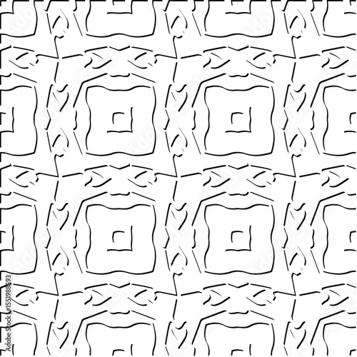  3d relief tiles.
Vector pattern with symmetrical elements . Modern stylish abstract texture. Repeating tiles from striped elements. Black and white pattern.