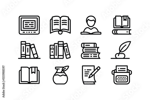 Black Line Icon Set Reading Writing Books Literature Education