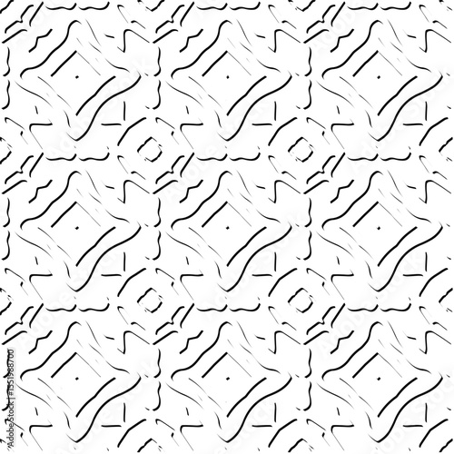  3d relief tiles.
Vector pattern with symmetrical elements . Modern stylish abstract texture. Repeating tiles from striped elements. Black and white pattern.