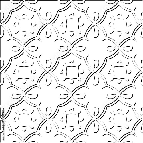  3d relief tiles.
Vector pattern with symmetrical elements . Modern stylish abstract texture. Repeating tiles from striped elements. Black and white pattern.