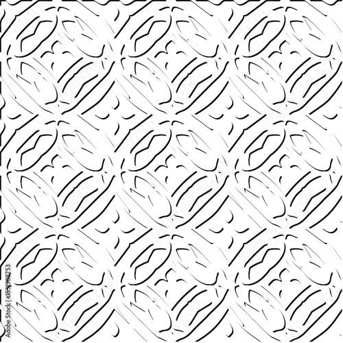  3d relief tiles.
Vector pattern with symmetrical elements . Modern stylish abstract texture. Repeating tiles from striped elements. Black and white pattern.