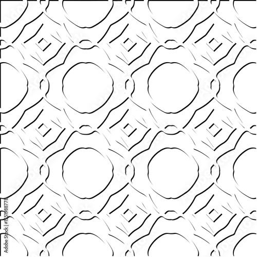  3d relief tiles.
Vector pattern with symmetrical elements . Modern stylish abstract texture. Repeating tiles from striped elements. Black and white pattern.