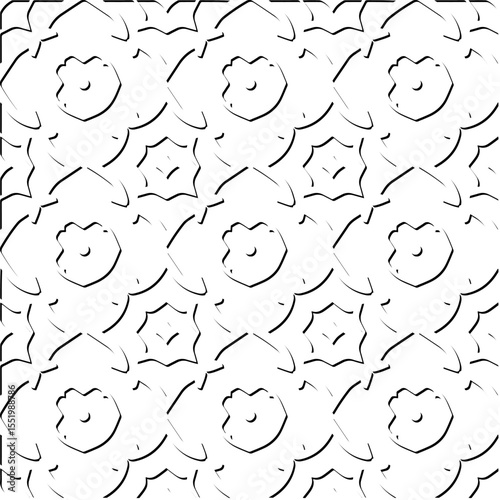  3d relief tiles.
Vector pattern with symmetrical elements . Modern stylish abstract texture. Repeating tiles from striped elements. Black and white pattern.