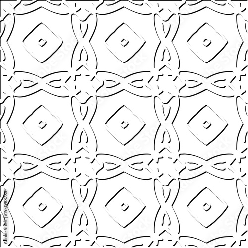  3d relief tiles.
Vector pattern with symmetrical elements . Modern stylish abstract texture. Repeating tiles from striped elements. Black and white pattern.