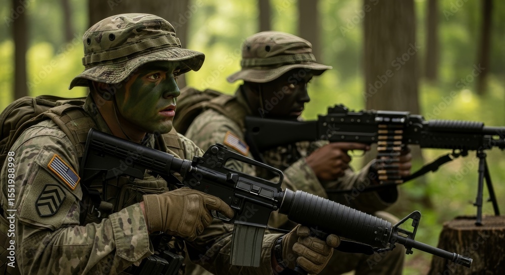 Fototapeta premium Two armed servicemen in full uniform and camouflage, on patrol in a vibrant green forest, ready for action during a mission.