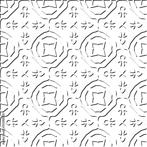  3d relief tiles.
Vector pattern with symmetrical elements . Modern stylish abstract texture. Repeating tiles from striped elements. Black and white pattern.
