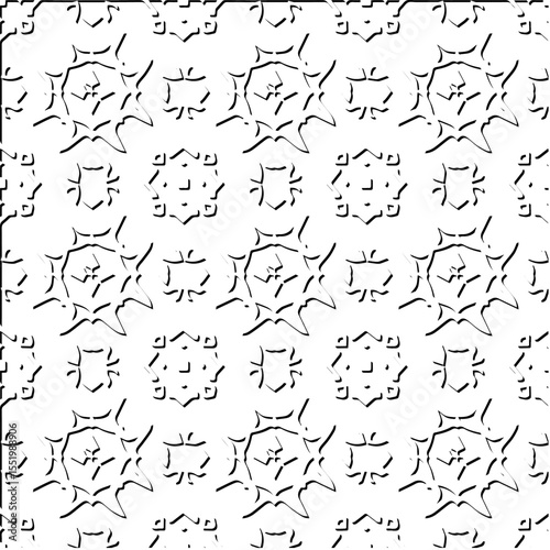  3d relief tiles.
Vector pattern with symmetrical elements . Modern stylish abstract texture. Repeating tiles from striped elements. Black and white pattern.