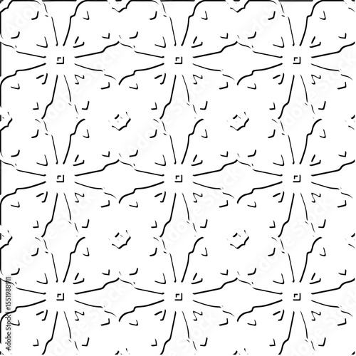  3d relief tiles.
Vector pattern with symmetrical elements . Modern stylish abstract texture. Repeating tiles from striped elements. Black and white pattern.