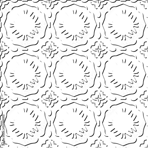  3d relief tiles.
Vector pattern with symmetrical elements . Modern stylish abstract texture. Repeating tiles from striped elements. Black and white pattern.