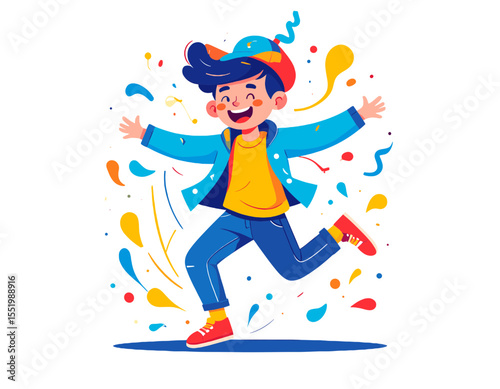 Enthusiastic Young Boy in Blue Jacket Jumping Amidst Colorful Confetti with Joyful Expression on a White Background Cartoon Illustration