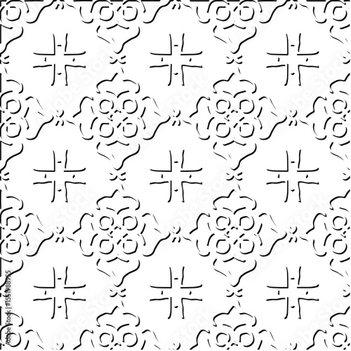  3d relief tiles.
Vector pattern with symmetrical elements . Modern stylish abstract texture. Repeating tiles from striped elements. Black and white pattern.