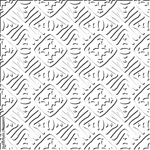  3d relief tiles.
Vector pattern with symmetrical elements . Modern stylish abstract texture. Repeating tiles from striped elements. Black and white pattern.