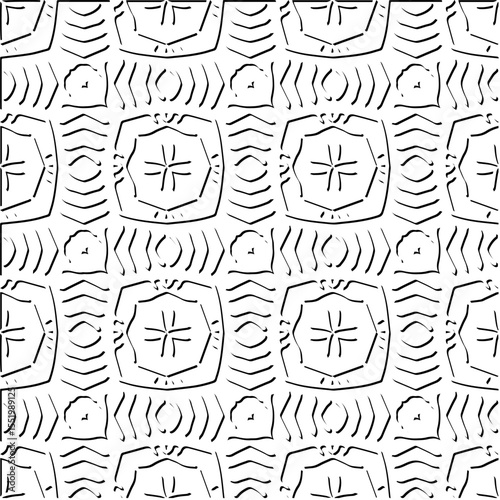  3d relief tiles.
Vector pattern with symmetrical elements . Modern stylish abstract texture. Repeating tiles from striped elements. Black and white pattern.