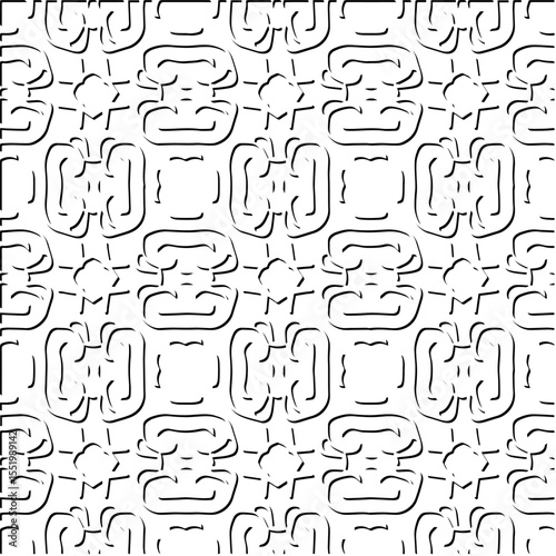  3d relief tiles.
Vector pattern with symmetrical elements . Modern stylish abstract texture. Repeating tiles from striped elements. Black and white pattern.