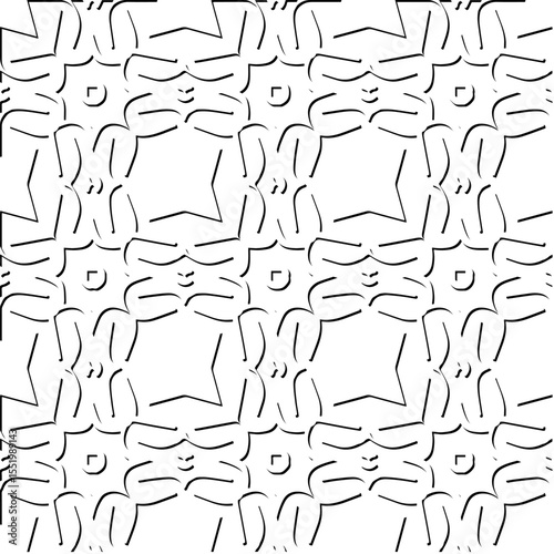  3d relief tiles.
Vector pattern with symmetrical elements . Modern stylish abstract texture. Repeating tiles from striped elements. Black and white pattern.