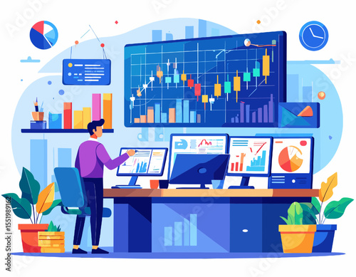 Financial Analyst Monitoring Stock Market Data and Charts on Multiple Screens in a Bright Office Surrounded By Potted Plants and City Skyline