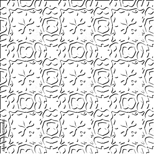  3d relief tiles.
Vector pattern with symmetrical elements . Modern stylish abstract texture. Repeating tiles from striped elements. Black and white pattern.