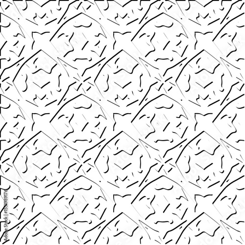  3d relief tiles.
Vector pattern with symmetrical elements . Modern stylish abstract texture. Repeating tiles from striped elements. Black and white pattern.