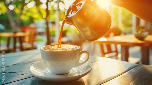 A outdoor cafe, wooden table, white coffee cup, pouring coffee, sunlight streaming, bokeh effect, vibrant colors, cozy atmosphere, elegant setting
