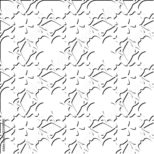  3d relief tiles.
Vector pattern with symmetrical elements . Modern stylish abstract texture. Repeating tiles from striped elements. Black and white pattern.