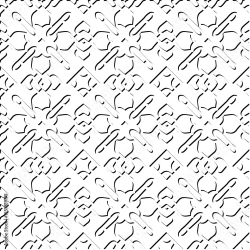  3d relief tiles.
Vector pattern with symmetrical elements . Modern stylish abstract texture. Repeating tiles from striped elements. Black and white pattern.