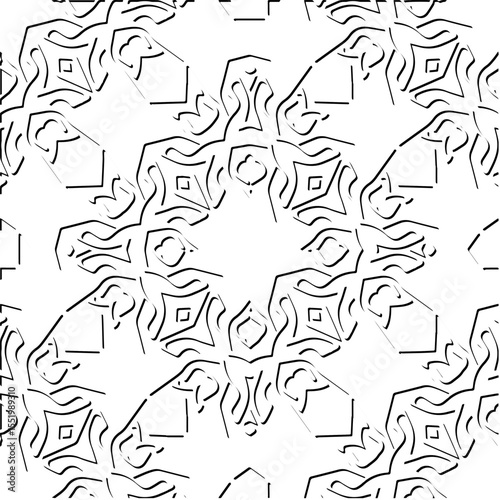  3d relief tiles.
Vector pattern with symmetrical elements . Modern stylish abstract texture. Repeating tiles from striped elements. Black and white pattern.