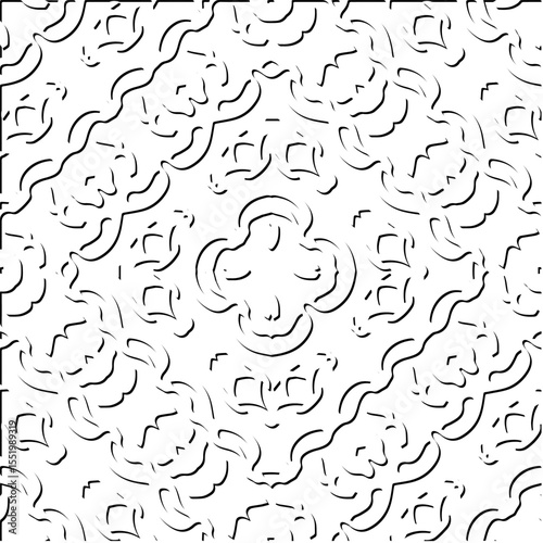  3d relief tiles.
Vector pattern with symmetrical elements . Modern stylish abstract texture. Repeating tiles from striped elements. Black and white pattern.