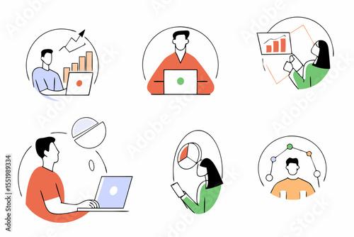 Social Media Marketing illustrations. 6 set. Collection of scenes with men and women taking part in business activities. Trendy vector style