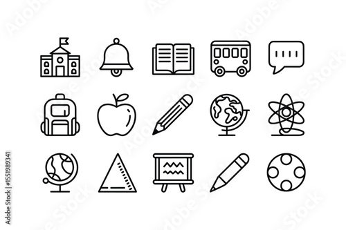 Black Line School Icon Set Education Symbols Backpack Apple Pencil Globe