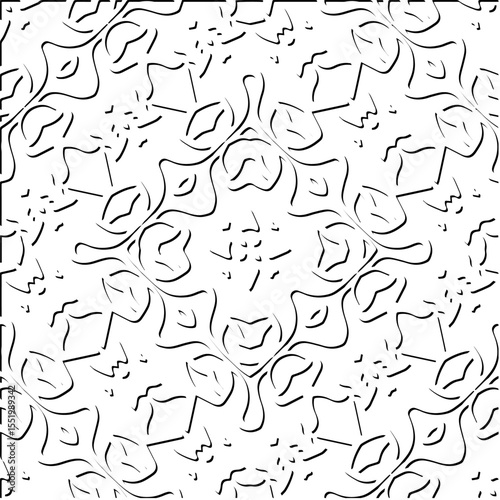  3d relief tiles.
Vector pattern with symmetrical elements . Modern stylish abstract texture. Repeating tiles from striped elements. Black and white pattern.