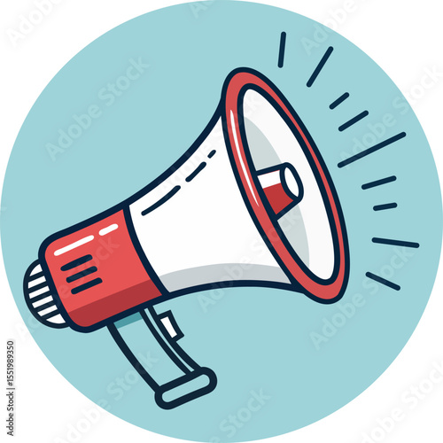 Flat vector illustration of a red and white megaphone with sound waves, placed inside a light blue circle. Perfect for advertising, promotions, communication, and marketing concepts. Clean, bold, and 