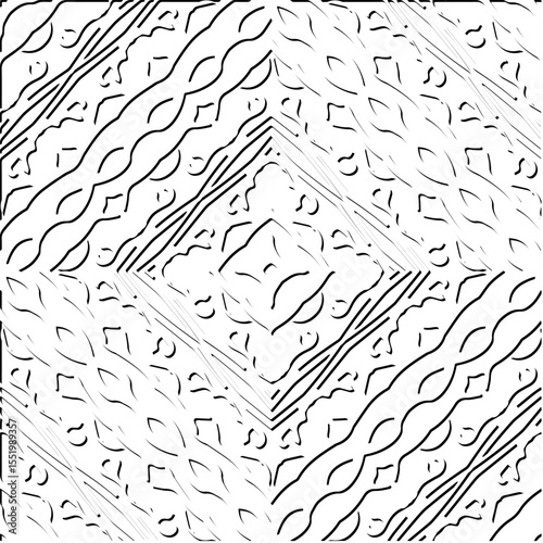  3d relief tiles.
Vector pattern with symmetrical elements . Modern stylish abstract texture. Repeating tiles from striped elements. Black and white pattern.