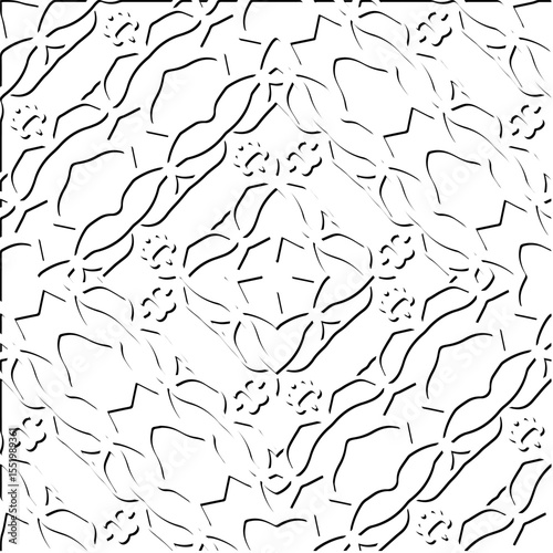  3d relief tiles.
Vector pattern with symmetrical elements . Modern stylish abstract texture. Repeating tiles from striped elements. Black and white pattern.