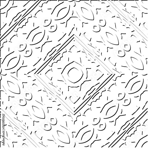  3d relief tiles.
Vector pattern with symmetrical elements . Modern stylish abstract texture. Repeating tiles from striped elements. Black and white pattern.