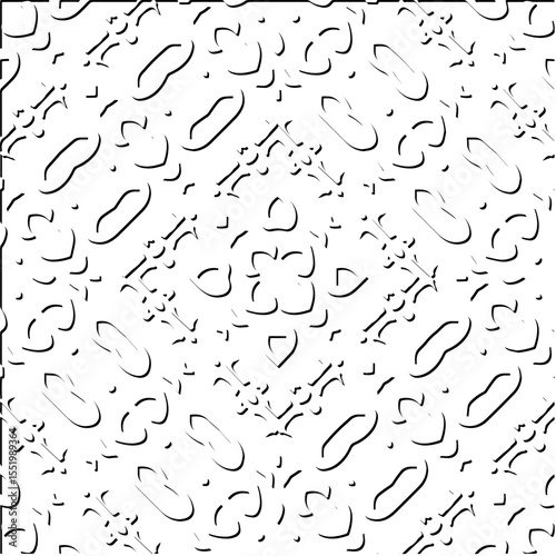  3d relief tiles.
Vector pattern with symmetrical elements . Modern stylish abstract texture. Repeating tiles from striped elements. Black and white pattern.